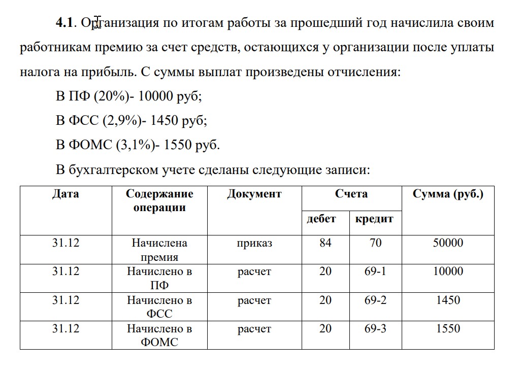 Организация по итогам работы за прошедший год начислила своим работникам премию за счет средств, остающихся у организации после уплаты налога на прибыль. С суммы выплат произведены отчисления: