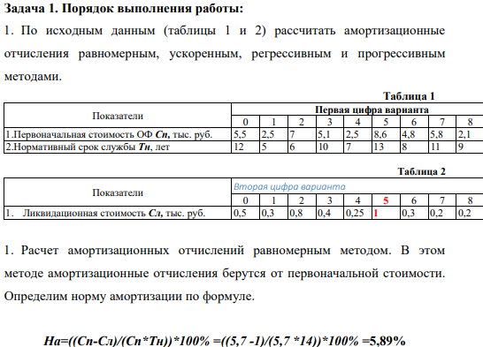 Порядок выполнения работы: 1. По исходным данным (таблицы 1 и 2) рассчитать амортизационные отчисления равномерным, ускоренным, регрессивным и прогрессивным методами.