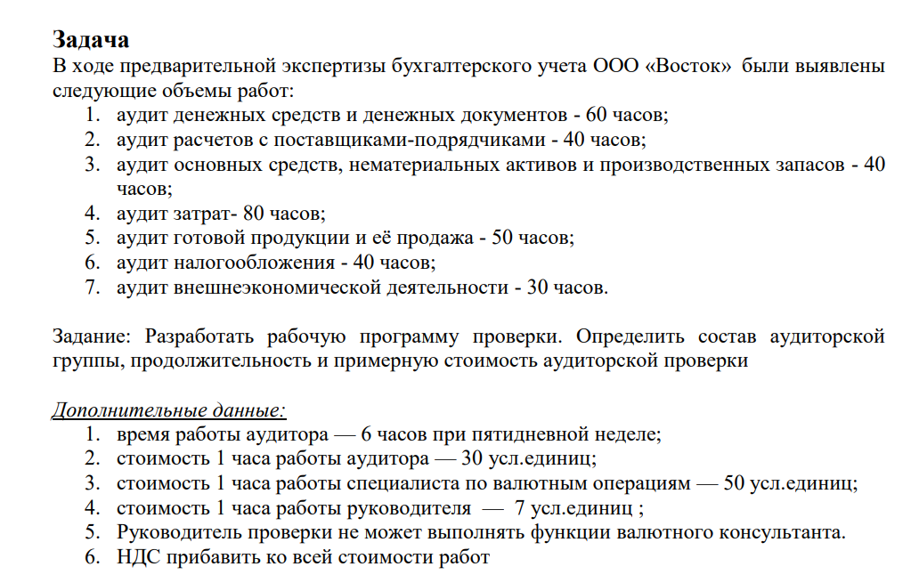 В ходе предварительной экспертизы бухгалтерского учета ООО «Восток» были выявлены следующие объемы работ: 1. аудит денежных средств и денежных документов - 60 часов; 2. аудит расчетов с поставщиками-подрядчиками - 40 часов