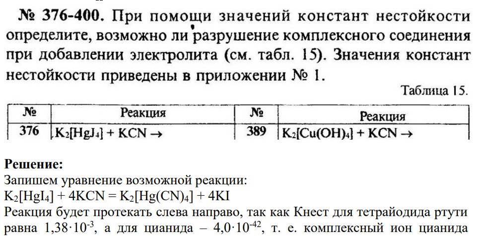 При помощи значений констант нестойкости определите, возможно ли разрушение комплексного соединения при добавлении электролита