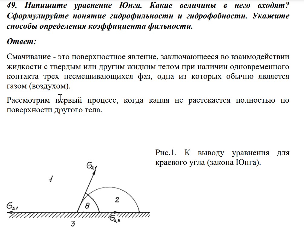 Напишите уравнение Юнга. Какие величины в него входят? Сформулируйте понятие гидрофильности и гидрофобности. Укажите способы определения коэффициента фильности.