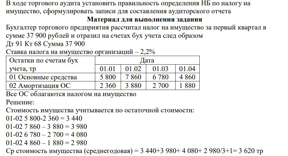 В ходе торгового аудита установить правильность определения НБ по налогу на имущество, сформулировать записи для составления аудиторского отчета Материал для выполнения задания Бухгалтер торгового предприятия рассчитал налог на имущество за первый квартал в сумме 37 900 рублей и отразил на счетах бух учета след образом