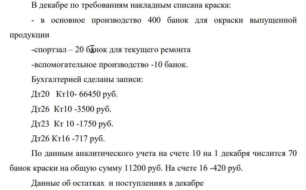 В декабре по требованиям накладным списана краска: - в основное производство 400 банок для окраски выпущенной продукции -спортзал – 20 банок для текущего ремонта -вспомогательное производство -10 банок.
