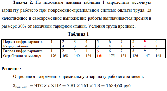 По исходным данным таблицы 1 определить месячную зарплату рабочего при повременно-премиальной системе оплаты труда.