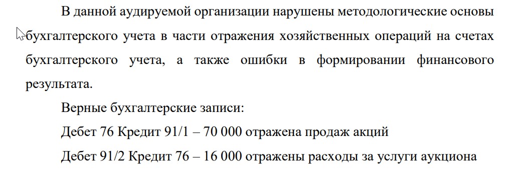 В данной аудируемой организации нарушены методологические основы бухгалтерского учета в части отражения хозяйственных операций на счетах бухгалтерского учета, а также ошибки в формировании финансового результата.