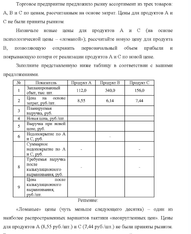 Торговое предприятие предложило рынку ассортимент из трех товаров: А, В и С по ценам, рассчитанным на основе затрат. Цены для продуктов А и С не были приняты рынком. Назначьте новые цены для продуктов A и C (на