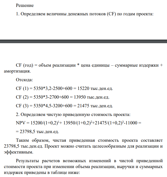 Определите чувствительность чистой приведенной стоимости к колебаниям следующих показателей: цены единицы продукции и суммарных издержек на 5% как в сторону увеличения, так и в сторону уменьшения. Расчеты выполнить в Excel, расчетные таблицы приложить. По результатам расчетов сделать выводы.