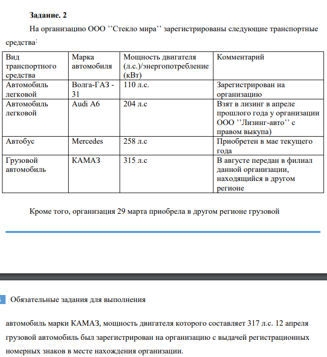 На организацию ООО ʼʼСтекло мираʼʼ зарегистрированы следующие транспортные средства˸ Вид транспортного средства Марка автомобиля Мощность двигателя (л.с.)/энергопотребление (кВт)