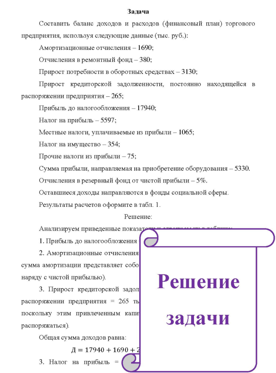 Составить баланс доходов и расходов (финансовый план) торгового предприятия, используя следующие данные (тыс. руб. ): Амортизационные отчисления - 1690; 90; Отчисления в ремонтный фонд - 380; Прирост потребности в оборотных средствах - 3130;