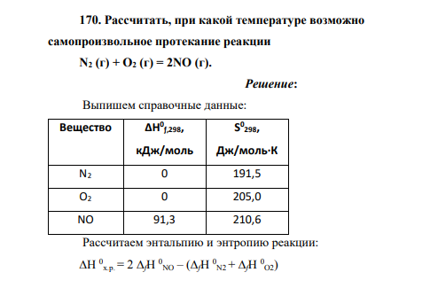 Рассчитать, при какой температуре возможно самопроизвольное протекание реакции N2 (г) + O2 (г) = 2NO (г).