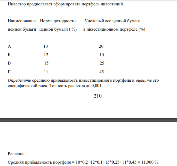 Инвестор предполагает сформировать портфель инвестиций. Наименование Норма доходности Удельный вес ценной бумаги ценной бумаги ценной бумаги ( %) в инвестиционном портфеле (%)