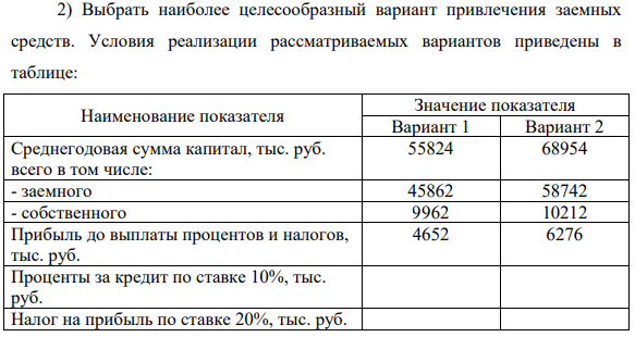 Выбрать наиболее целесообразный вариант привлечения заемных средств. Условия реализации рассматриваемых вариантов приведены в таблице: Наименование показателя Значение показателя Вариант 1 Вариант 2 Среднегодовая сумма капитал, тыс. руб. всего в том числе: 55824 68954 - заемного 45862 58742 - собственного 9962 10212 Прибыль до выплаты процентов и налогов, тыс. руб. 4652 6276 Проценты за кредит по ставке 10%, тыс. руб.
