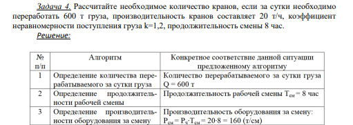 Задача 4. Рассчитайте необходимое количество кранов, если за сутки необходимо переработать 600 т груза, производительность кранов составляет 20 т/ч, коэффициент неравномерности поступления груза k=1,2, продолжительность смены 8 час.