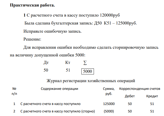 1 С расчетного счета в кассу поступило 120000руб Была сделана бухгалтерская запись: Д50 К51 – 125000руб. Исправьте ошибочную запись.