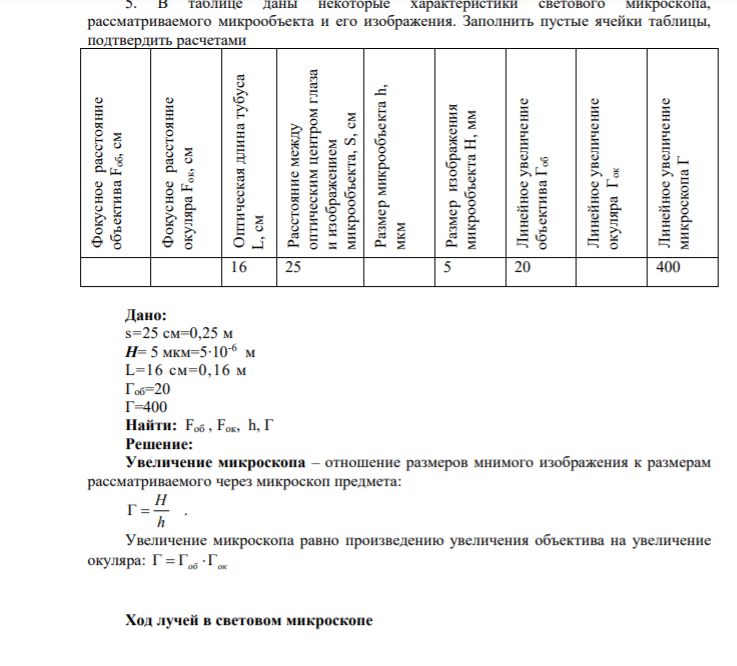 5. В таблице даны некоторые характеристики светового микроскопа, рассматриваемого микрообъекта и его изображения. Заполнить пустые ячейки таблицы, подтвердить расчетами