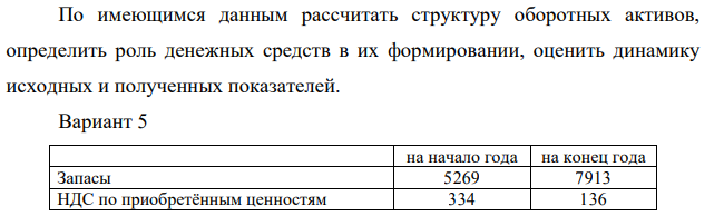 По имеющимся данным рассчитать структуру оборотных активов, определить роль денежных средств в их формировании, оценить динамику исходных и полученных показателей. Вариант 5 на начало года на конец года Запасы 5269 7913 НДС по приобретённым ценностям 334 136 Дебиторская задолженность более 12 мес. 392 345