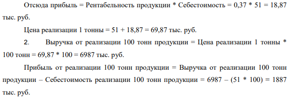 Себестоимость 1 тонны продукции (С) на предприятии 51 тыс. руб. Плановая рентабельность продукции (р) 37 %.