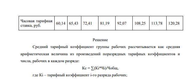 Рассчитать средний тарифный коэффициент рабочих участков механического цеха. На участке работает 46 чел., из которых 2 разряд имеют 12 рабочих, 3 разряд – 10, 4 разряд – 15, 5 разряд – 9 рабочих. Тарифный разряд 1 2 3 4 5 6 7 8 Тарифный коэффициент 1,0 1,088 1,204 1,350 1,531 1,80 1,892 2,0 776 Часовая тарифная ставка, руб. 60,14 65,43 72,41 81,19 92,07 108,25 113,78 120,28
