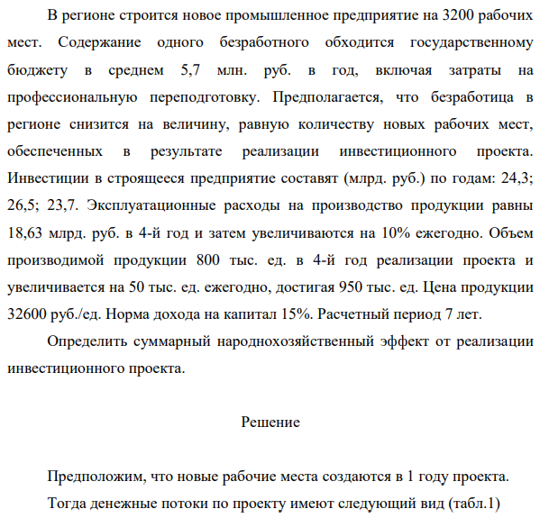 В регионе строится новое промышленное предприятие на 3200 рабочих мест. Содержание одного безработного обходится государственному бюджету в среднем 5,7 млн. руб. в год, включая затраты на профессиональную переподготовку.