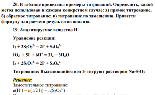 В таблице приведены примеры титрований. Определить, какой метод использован в каждом конкретном случае: а) прямое титрование, б) обратное титрование; в) титрование по замещению. Привести формулу для расчета результатов анализа.