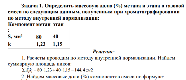 Определить массовую долю (%) метана и этана в газовой смеси по следующим данным, полученным при хроматографировании по методу внутренней нормализации: