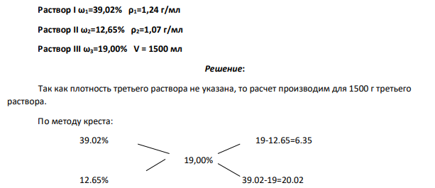 Сколько мл исходных растворов I и II с данными массовыми концентрациями ω% и плотностями необходимо смешать, чтобы получить требуемый раствор определенного объема и концентрации? Вариант 2в