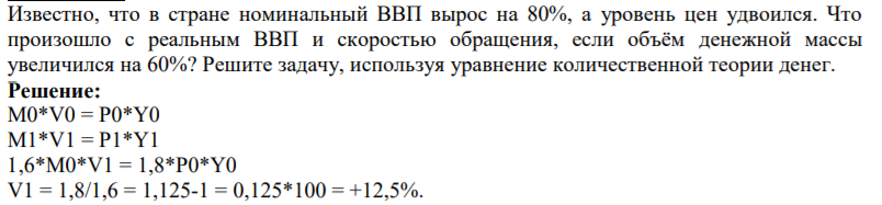 Известно, что в стране номинальный ВВП вырос на 80%, а уровень цен удвоился. Что произошло с реальным ВВП и скоростью обращения, если объём денежной массы увеличился на 60%?