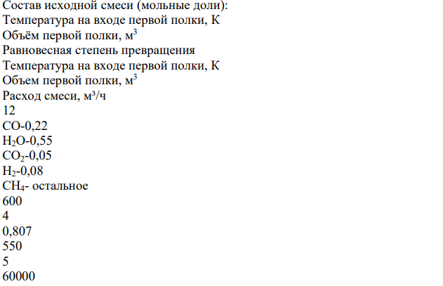 Состав исходной смеси (мольные доли): Температура на входе первой полки, К Объём первой полки, м 3 Равновесная степень превращения Температура на входе первой полки, К Объем первой полки, м 3 Расход смеси, м³/ч 12 CO-0,22 H2O-0,55 CO2-0,05 H2-0,08 CH4- остальное 600 4 0,807 550 5 60000 Конверсию СО водяным паром проводят в двухполочном реакторе полного смешения с теплообменом между полками. Состав исходной смеси (об.доли): СО – 0.22; Н2О – 0.55; СО2 – 0.05; Н2 – 0.08; остальное СН4.