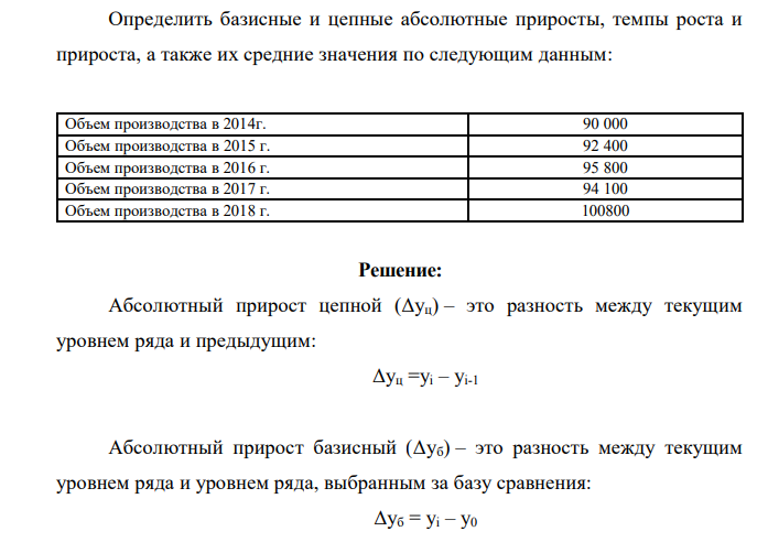 Определить базисные и цепные абсолютные приросты, темпы роста и прироста, а также их средние значения по следующим данным: Объем производства в 2014г. 90 000 Объем производства в 2015 г. 92 400