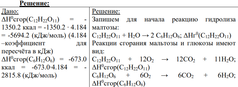 Дано: ΔН0 сгор(С12Н22О11) = - 1350.2 ккал = -1350.2 ∙ 4.184 = -5694.2 (кДж/моль) (4.184 –коэффициент для пересчёта в кДж) ΔН0 сгор(С6Н12О6) = -673.0 ккал = -673.0∙4.184 = - 2815.8 (кДж/моль)