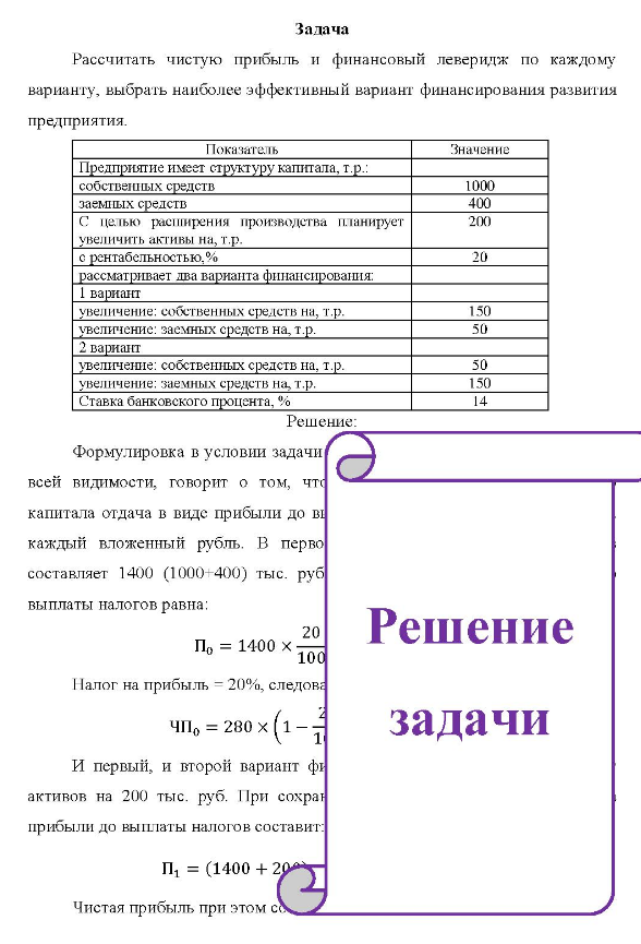 Рассчитать чистую прибыль и финансовый леверидж по каждому варианту, выбрать наиболее эффективный вариант финансирования развития предприятия. Показатель Значение Предприятие имеет структуру капитала, т.р.: собственных средств заемных средств мет C целью расширения производства планирует увеличить активы на, т.р. с рентабельностью,% рассматривает два варианта финансирования: