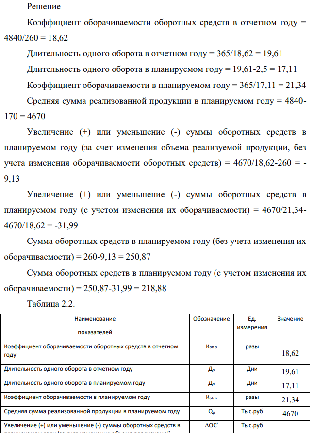 Определить коэффициент оборачиваемости и длительность одного оборота оборотных средств в отчетном и планируемом годах, а также величину необходимого прироста (или высвобождения) их без учета и с учетом изменения оборачиваемости. Результаты расчетов свети