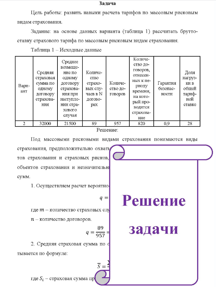 Задача Цель работы: развить навыки расчета тарифов по массовым рисковым видам страхования. Задание: на основе данных варианта (таблица 1) рассчитать брутто- ставку страхового тарифа по массовым рисковым видам страхования.