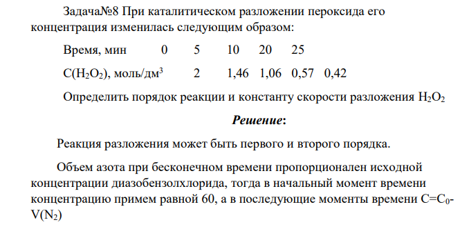 При каталитическом разложении пероксида его концентрация изменилась следующим образом: Время, мин 0 5 10 20