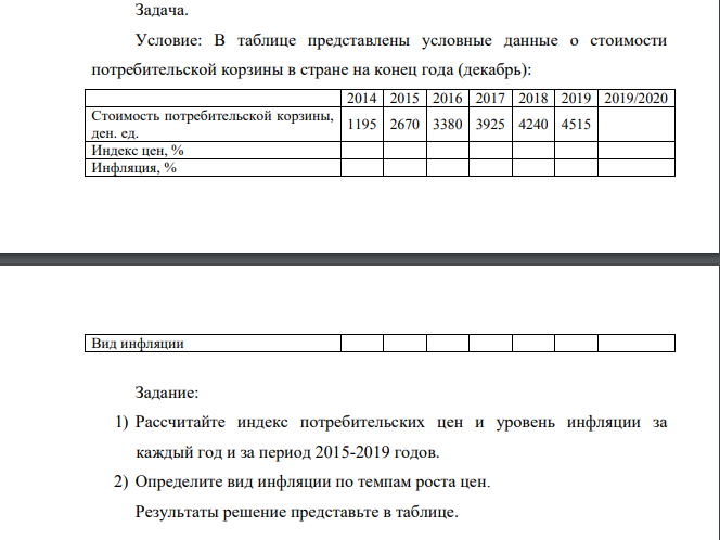 В таблице представлены условные данные о стоимости потребительской корзины в стране на конец года (декабрь): 2014 2015 2016 2017 2018 2019 2019/2020 Стоимость потребительской корзины, ден. ед. 1195 2670 3380 3925 4240 4515 Индекс цен, % Инфляция, % Вид инфляции