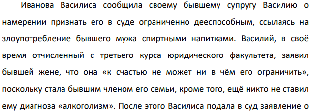 Иванова Василиса сообщила своему бывшему супругу Василию о намерении признать его в суде ограниченно дееспособным, ссылаясь на злоупотребление бывшего мужа спиртными напитками. Василий, в своё время отчисленный с третьего курса юридического факультета, заявил бывшей жене, что она «к счастью не может ни в чём его ограничить», поскольку стала бывшим членом его семьи, кроме того, ещё никто не ставил ему диагноза «алкоголизм».