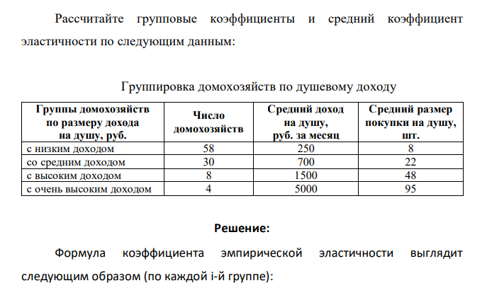 Рассчитайте групповые коэффициенты и средний коэффициент эластичности по следующим данным: Группировка домохозяйств по душевому доходу Группы домохозяйств по размеру дохода на душу, руб. Число домохозяйств