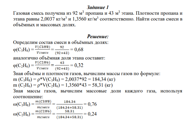 Газовая смесь получена из 92 м3 пропана и 43 м3 этана. Плотности пропана и этана равны 2,0037 кг/м3 и 1,3560 кг/м3 соответственно.