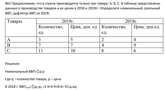 Предположим, что в стране производится только три товара: А, В, С. В таблице представлены данные о производстве товаров и их ценах в 2018 и 2019гг. Определите номинальный, реальный ВВП, дефлятор ВВП за 2019г. Товары