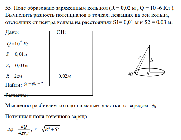 Поле образовано заряженным кольцом (R = 0,02 м , Q = 10 -6 Кл ). Вычислить разность потенциалов в точках, лежащих на оси кольца, отстоящих от центра кольца на расстояниях S1= 0,01 м и S2 = 0.03 м. Дано: СИ: 6 Q 10 Кл 1 S 0,01м 2 S 0,03м R 2см 0,02м