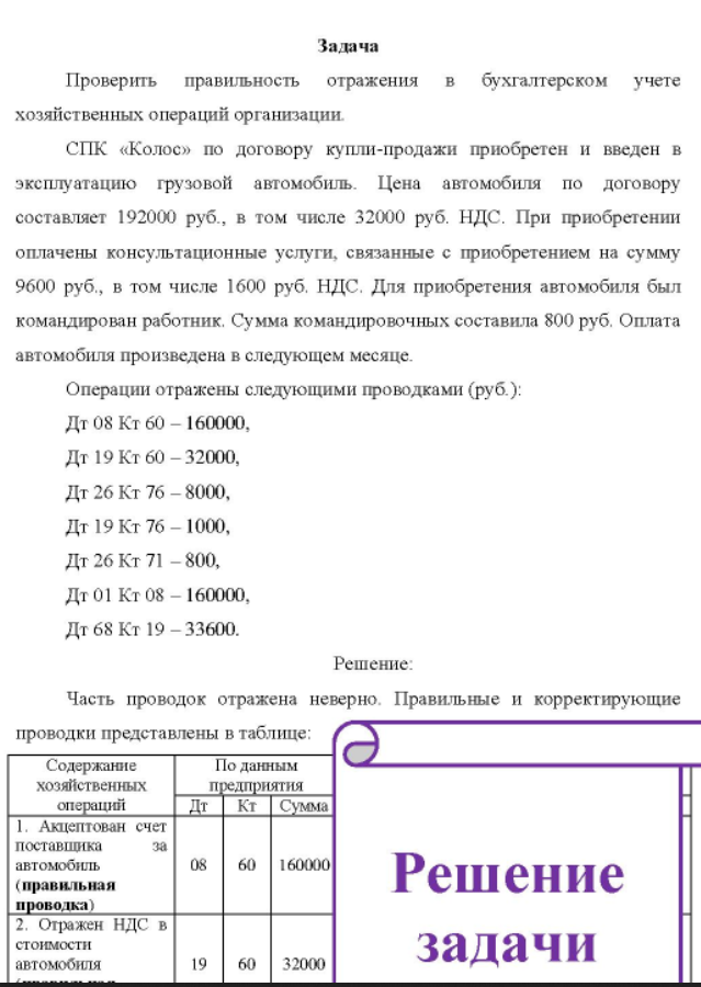 Проверить правильность отражения бухгалтерском учете хозяйственных операций организации. СПК «Колос» по договору купли-продажи приобретен и введен в эксплуатацию грузовой автомобиль. Цена автомобиля по договору составляет 192000 руб. , в том числе 32000 руб. НДС. При приобретении оплачены консультационные услуги, связанные с приобретением на сумму 9600 руб. , в том числе 1600 руб.
