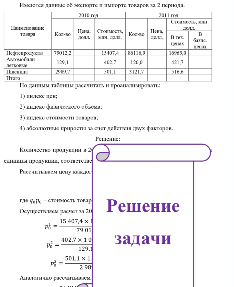 Имеются данные об экспорте и импорте товаров за 2 периода. 2010 год 2011 год Стоимость, млн Наименование товара Кол-во Цена, Стоимость, долл. млн. долл. Кол-во Цена, долл. В тек. ценах долл. B базис. ценах Нефтепродукты 79012,2 Автомобили 129,1 легковые