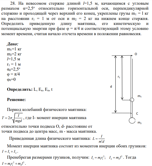 28. На невесомом стержне длиной l=1,5 м, качающимся с угловым размахом α=2,5о относительно горизонтальной оси, перпендикулярной стержню и проходящей через верхний его конец, укреплены грузы m1 = l кг на расстоянии r1 = 1 м от оси и m2 = 2 кг на нижнем конце стержня.
