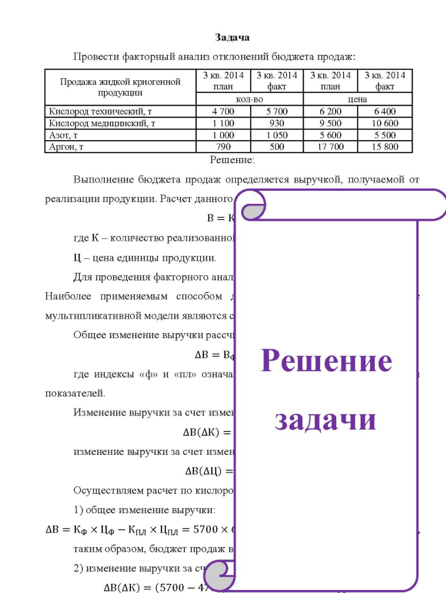Провести факторный анализ отклонений бюджета продаж: Продажа жидкой криогенной продукции 3 кв. 2014 3 кв. 2014 3 кв. 2014 3 кв. 2014 план кол-во факт план цена факт Кислород технический,