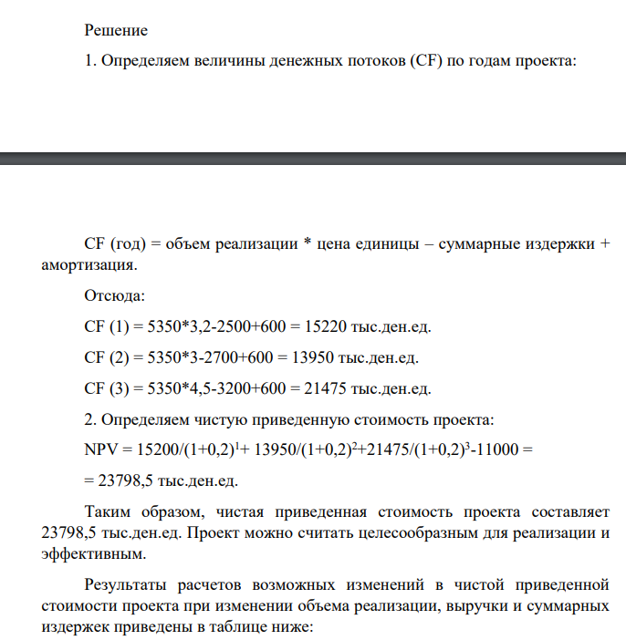 Определите чувствительность чистой приведенной стоимости к колебаниям следующих показателей: цены единицы продукции и суммарных издержек на 5% как в сторону увеличения, так и в сторону уменьшения. Расчеты выполнить в Excel, расчетные таблицы приложить.По результатам расчетов сделать выводы. Показатель 7 Величина начальных капиталовложений, тыс. ден. ед. 11000