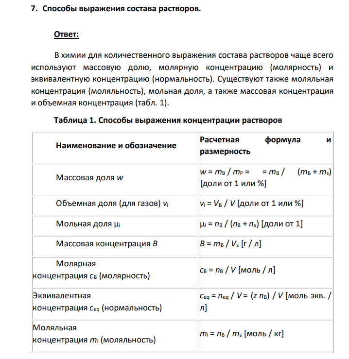 Способы выражения состава растворов.