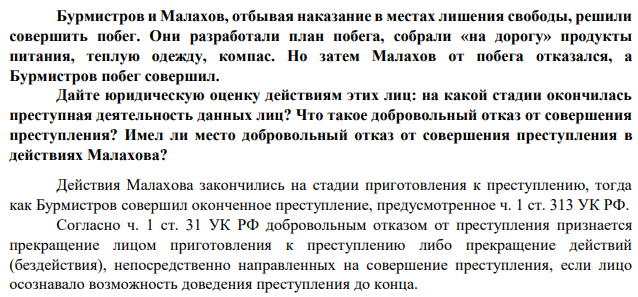 Бурмистров и Малахов, отбывая наказание в местах лишения свободы, решили совершить побег. Они разработали план побега, собрали «на дорогу» продукты питания, теплую одежду, компас. Но затем Малахов от побега отказался, а Бурмистров побег совершил.