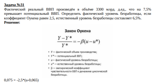 Фактический реальный ВВП произведён в объёме 3300 млрд. д.ед., что на 7,5% превышает потенциальный ВВП. Определить фактический уровень безработицы, если коэффициент Оукена равен 2,5, естественный уровень безработицы составляет 6,5%