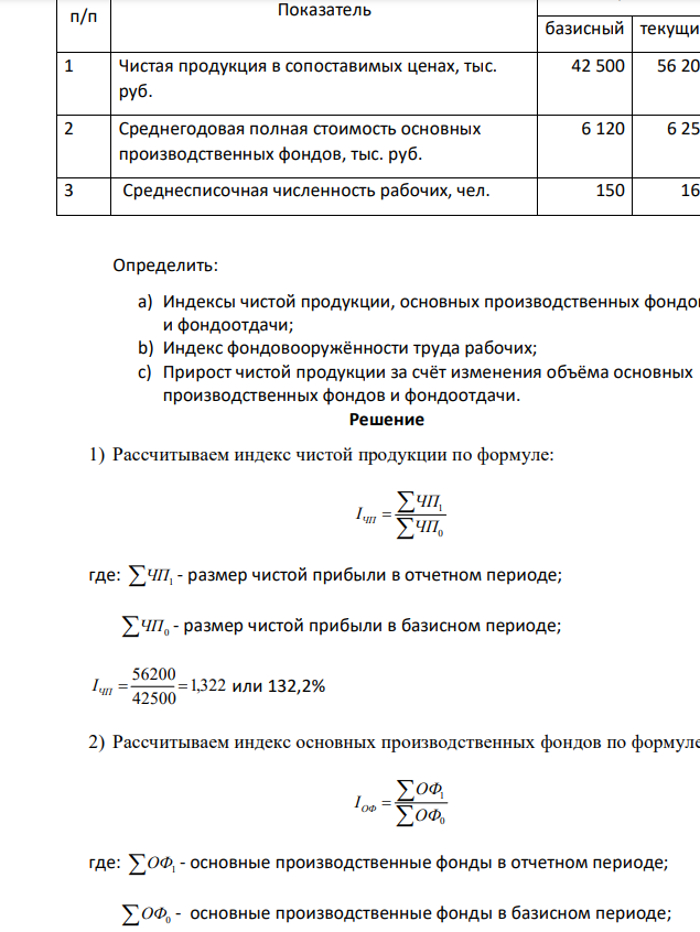 По одному из предприятий имеются следующие данные: 406 № п/п Показатель Период базисный текущий 1 Чистая продукция в сопоставимых ценах, тыс. руб. 42 500 56 200 2 Среднегодовая полная стоимость основных производственных фондов, тыс. руб. 6 120 6 250 3 Среднесписочная численность рабочих, чел. 150 160