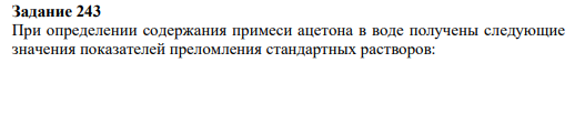 Задание 243 При определении содержания примеси ацетона в воде получены следующие значения показателей преломления стандартных растворов: